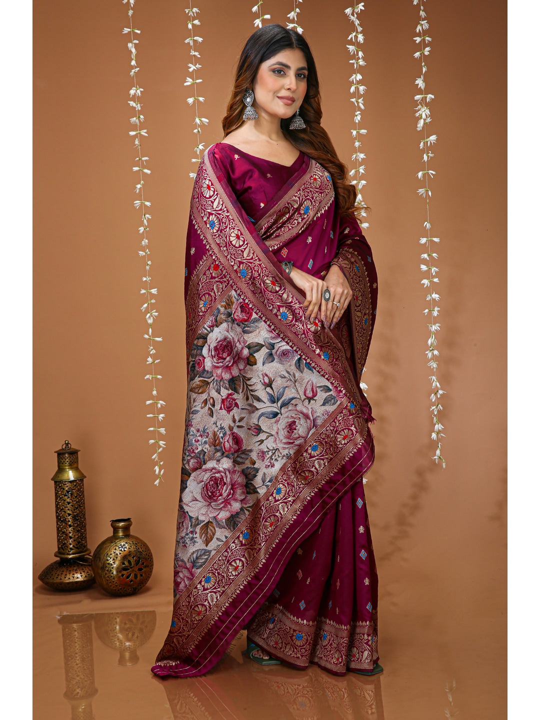 Peachmode Wine Floral Pallu Soft Lichi Silk Kanchipuram Saree - Image 4