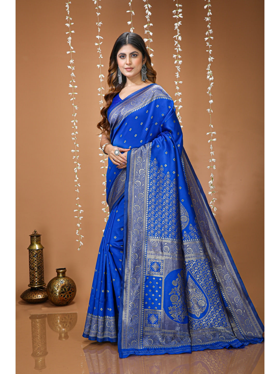Peachmode Royal Blue Grand Pallu Soft Lichi Silk Saree - Image 2