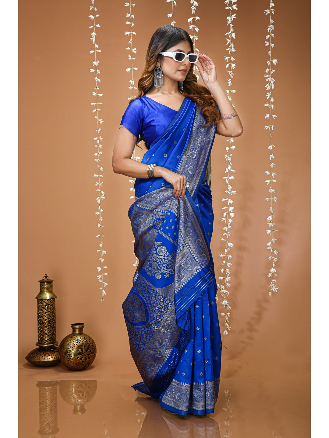 Peachmode Royal Blue Grand Pallu Soft Lichi Silk Saree - Image 4