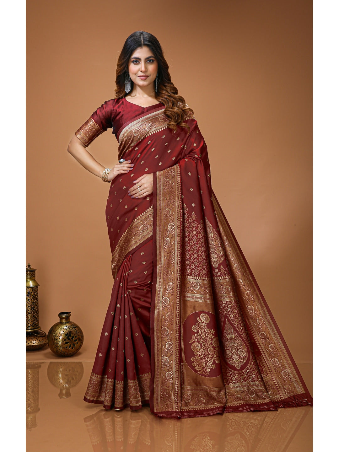 Peachmode Red Grand Pallu Soft Lichi Silk Saree - Image 1