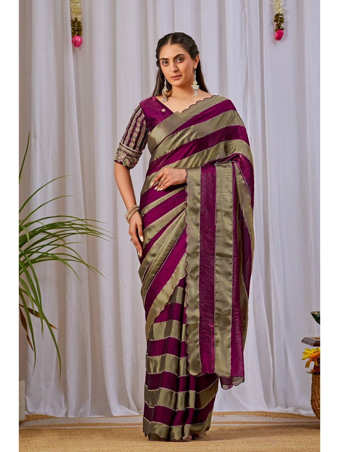 Peachmode Wine Striped Embellished Satin Saree - Image 1