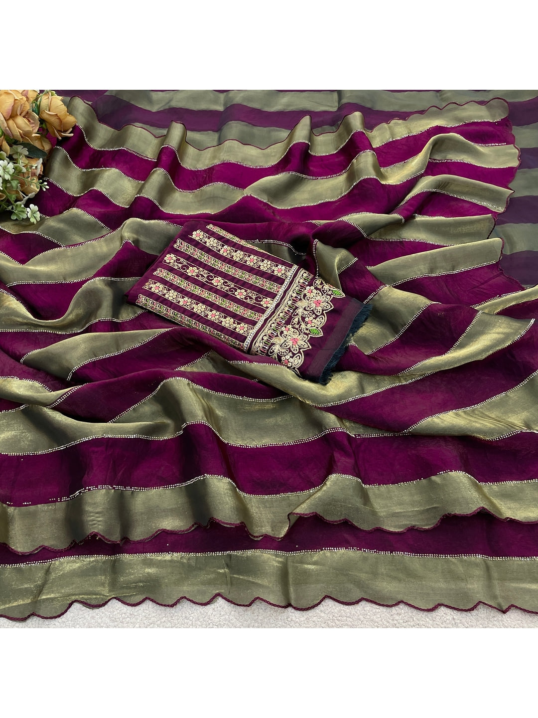 Peachmode Wine Striped Embellished Satin Saree - Image 2