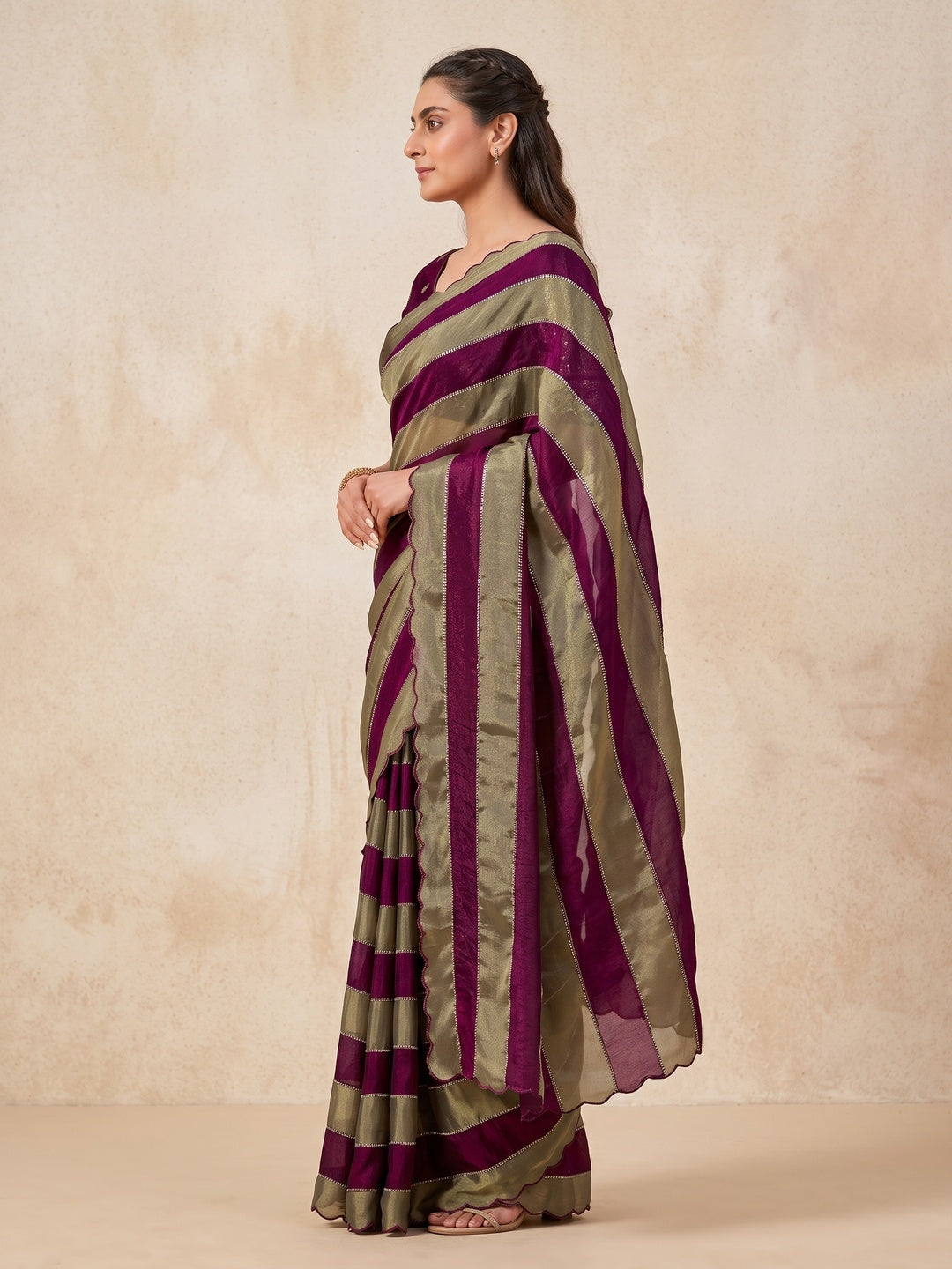 Peachmode Wine Striped Embellished Satin Saree - Image 3