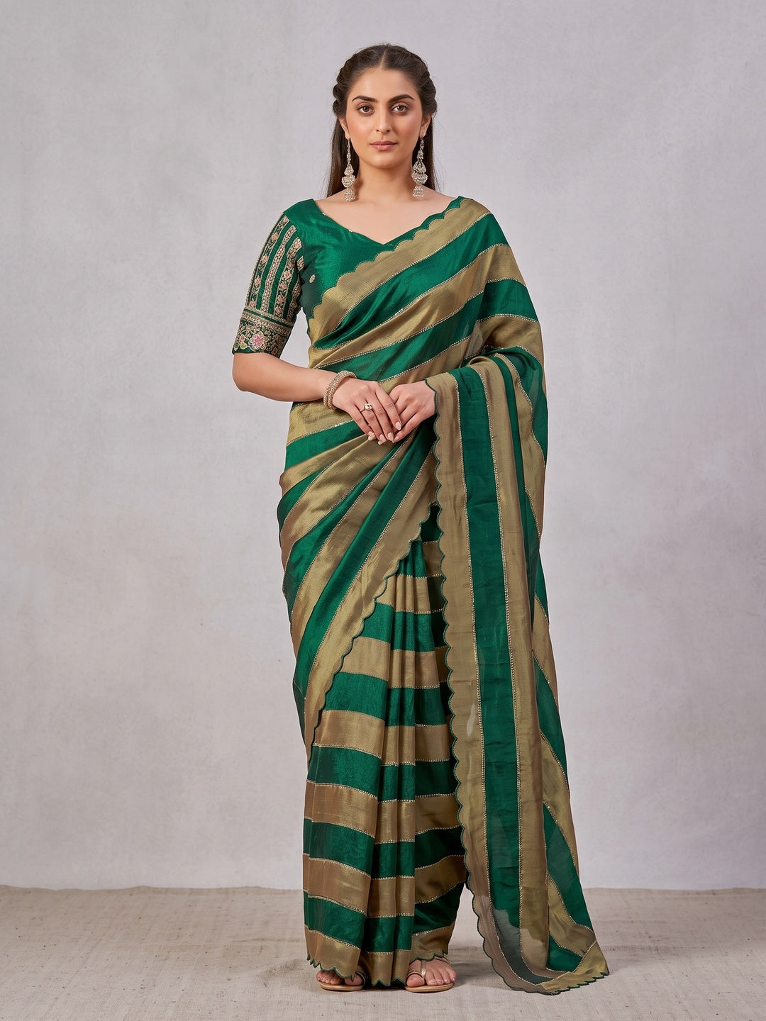 Peachmode Green Striped Embellished Satin Saree - Image 4