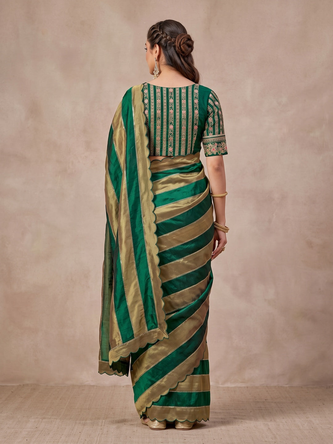 Peachmode Green Striped Embellished Satin Saree - Image 5
