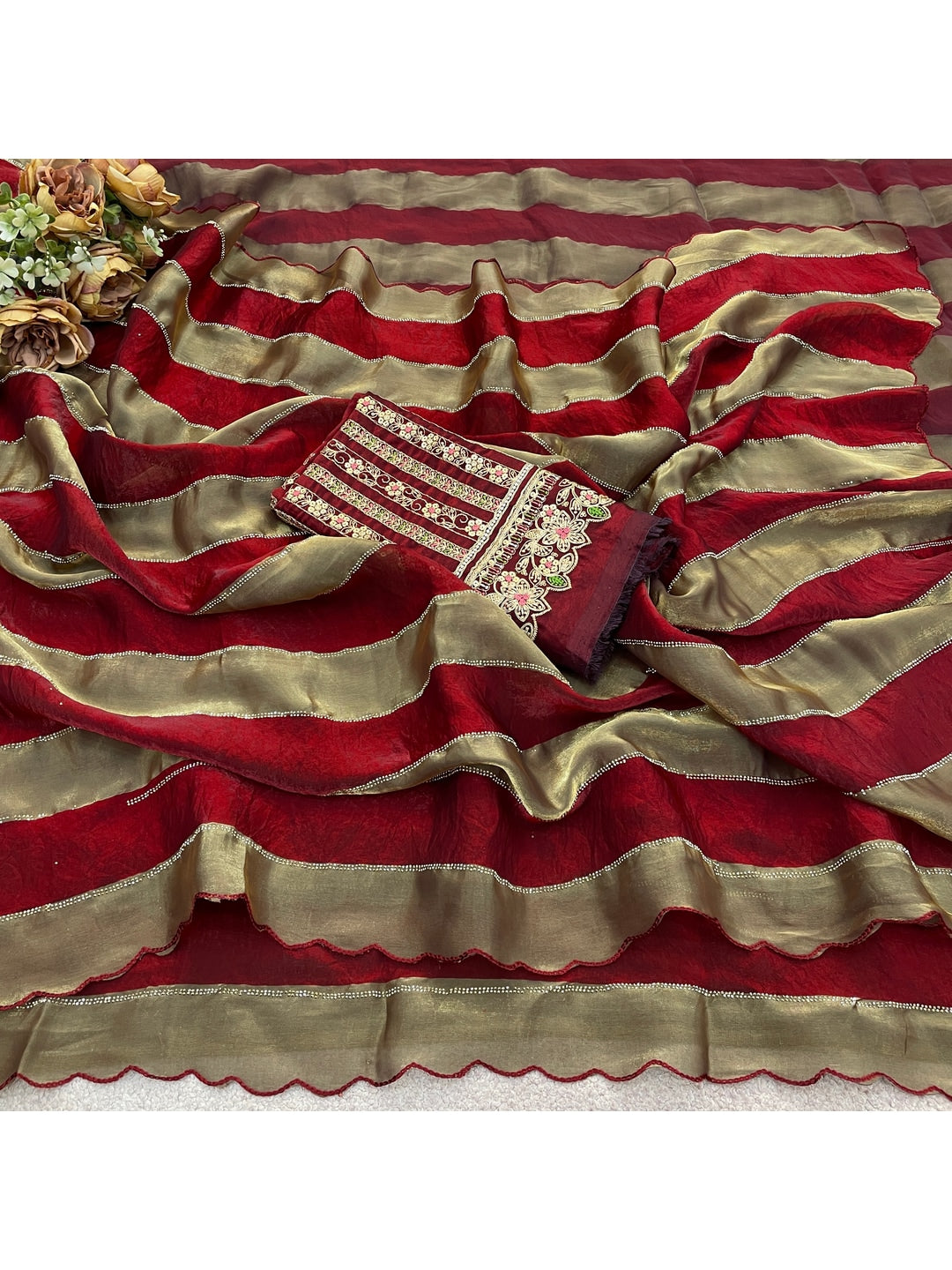 Peachmode Red Striped Embellished Satin Saree - Image 2