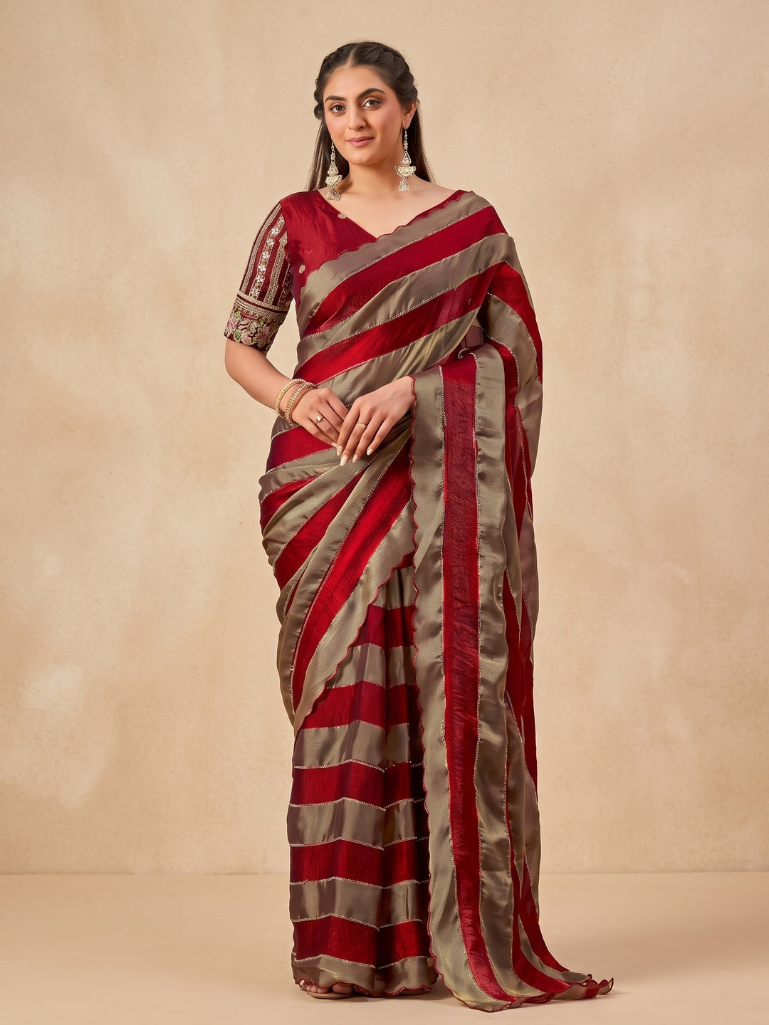 Peachmode Red Striped Embellished Satin Saree - Image 3