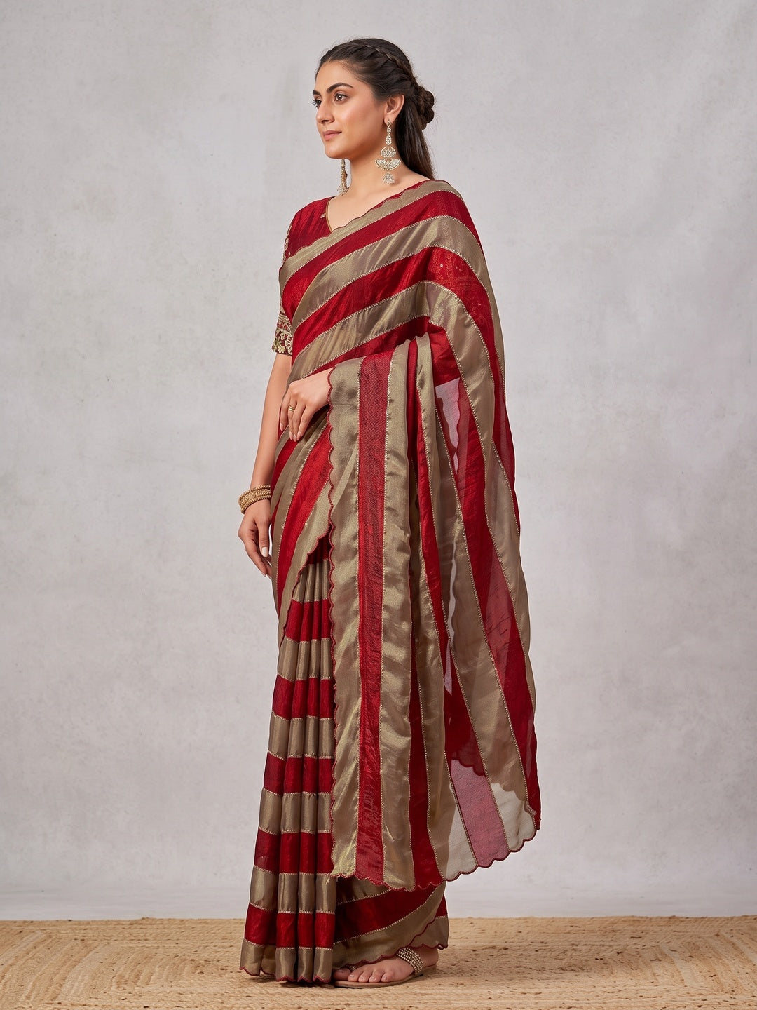 Peachmode Red Striped Embellished Satin Saree - Image 4