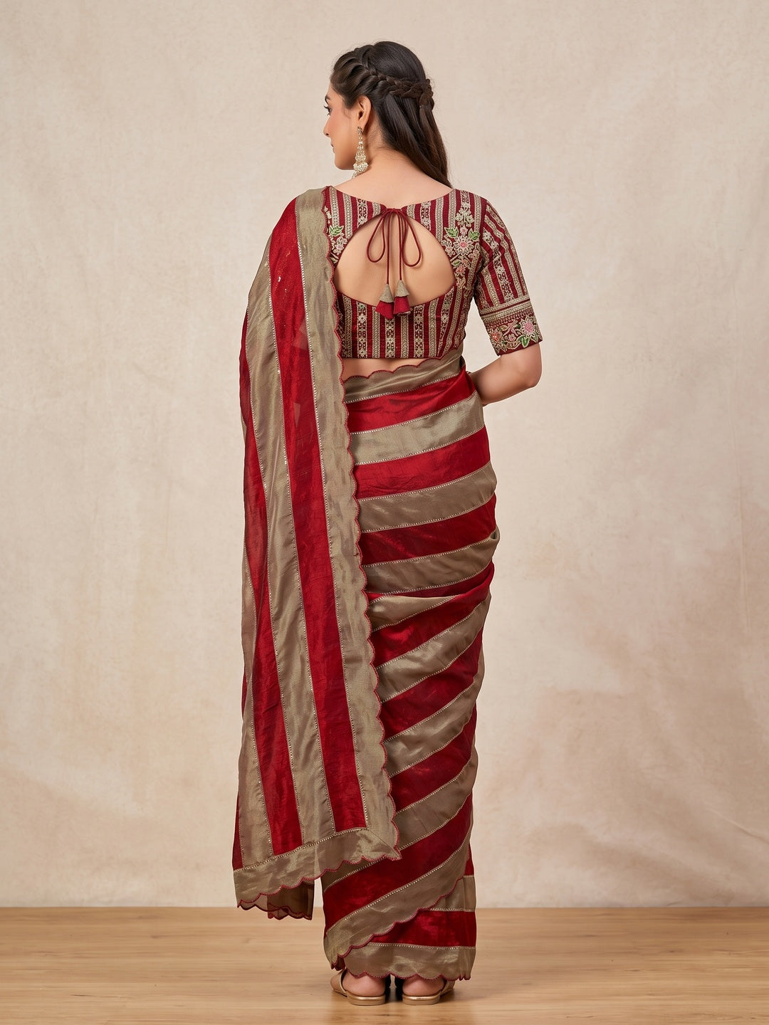 Peachmode Red Striped Embellished Satin Saree - Image 5