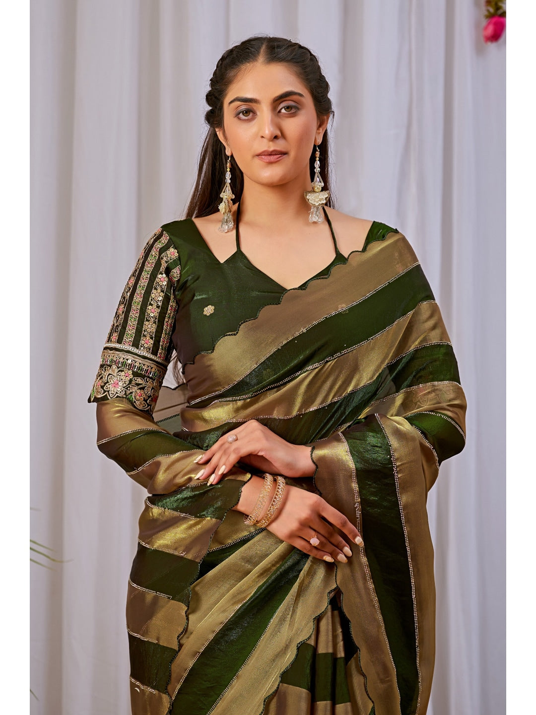 Peachmode Olive Striped Embellished Satin Saree - Image 2