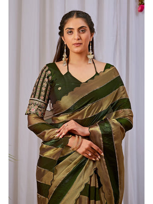 Peachmode Olive Striped Embellished Satin Saree - Image 2