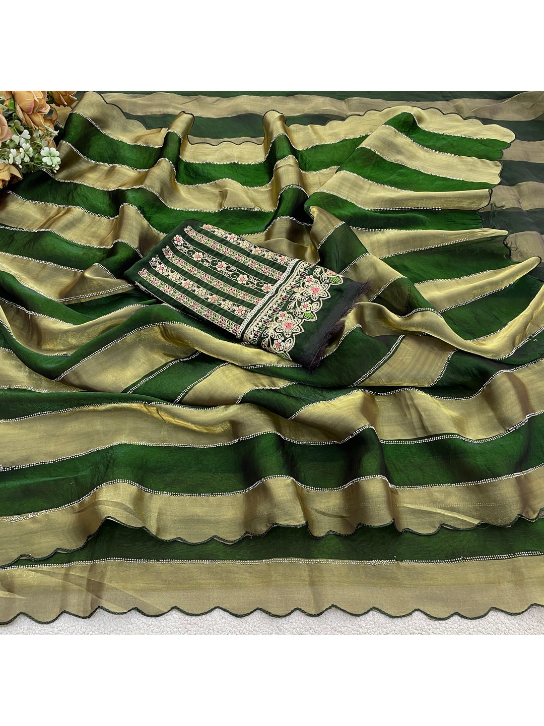 Peachmode Olive Striped Embellished Satin Saree - Image 3