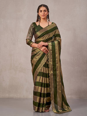 Peachmode Olive Striped Embellished Satin Saree - Image 1