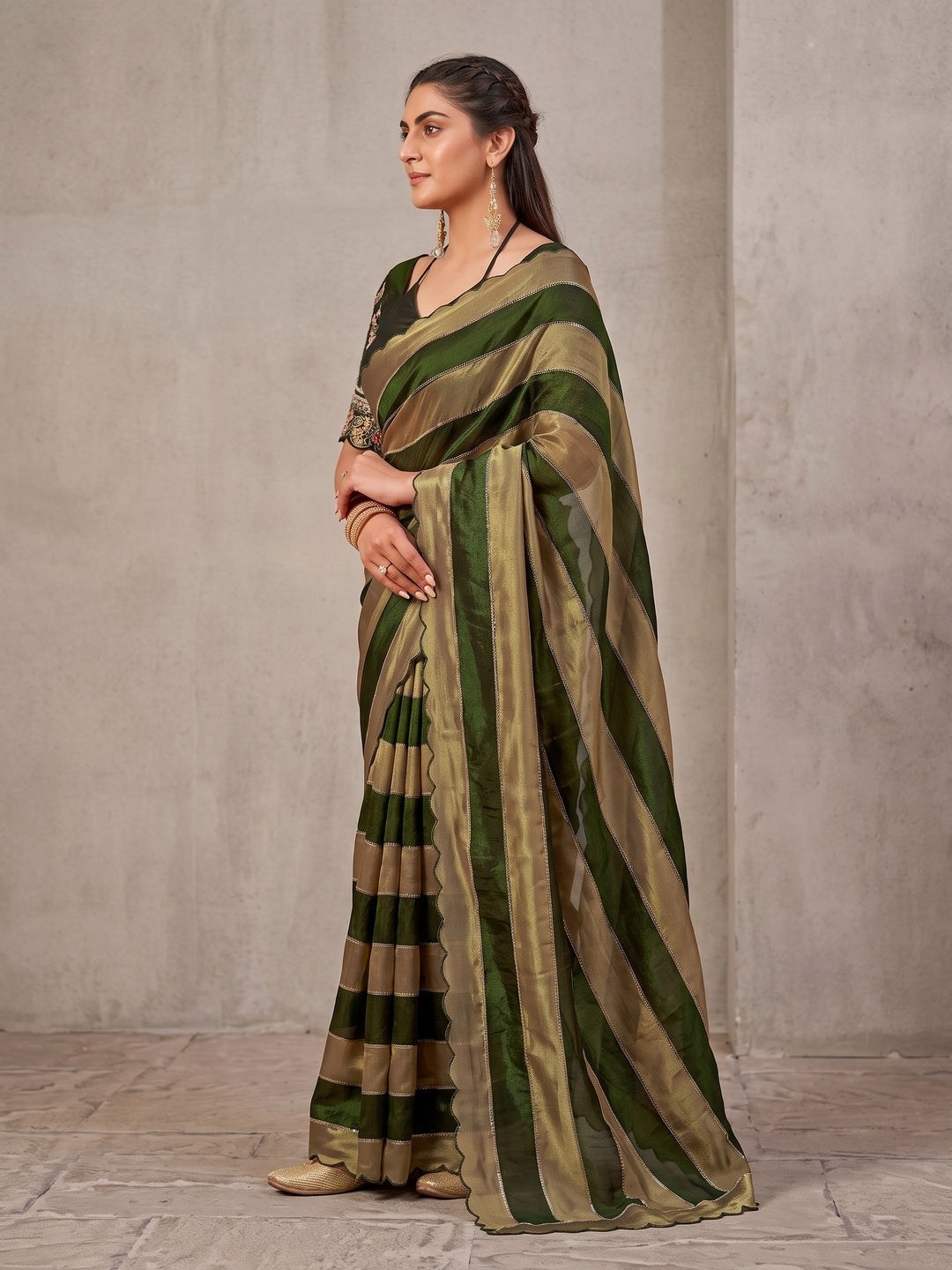 Peachmode Olive Striped Embellished Satin Saree - Image 4