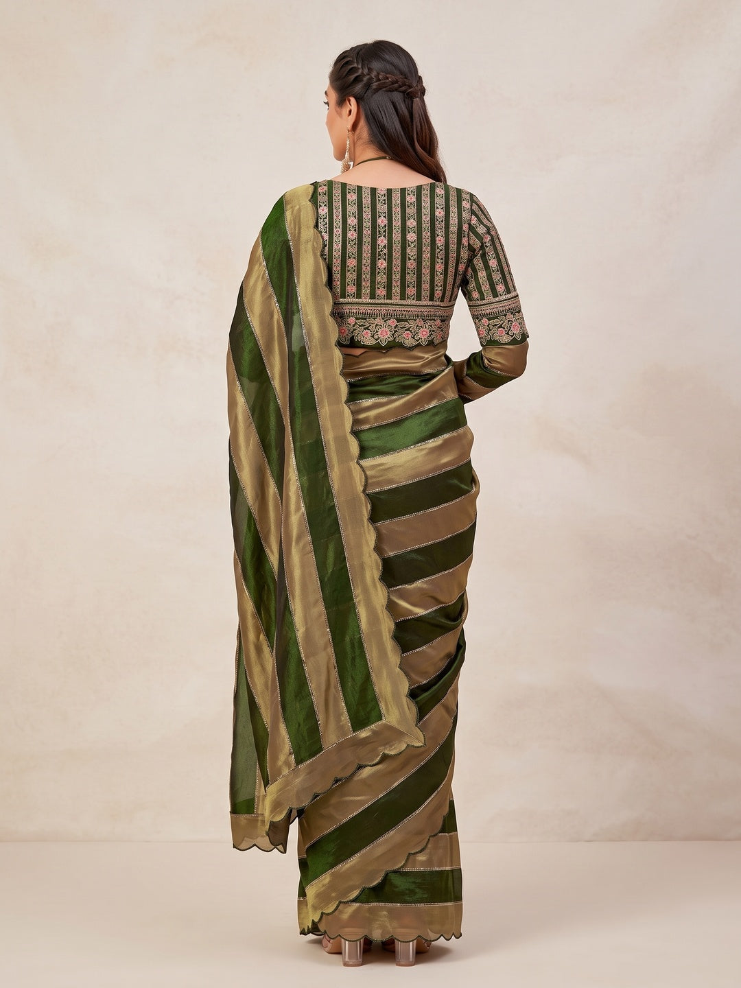 Peachmode Olive Striped Embellished Satin Saree - Image 5