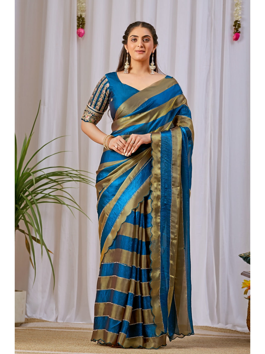 Peachmode Blue Striped Embellished Satin Saree - Image 1