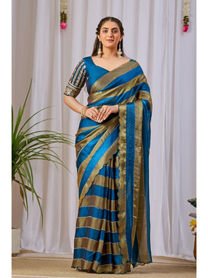 Peachmode Blue Striped Embellished Satin Saree - Image 1