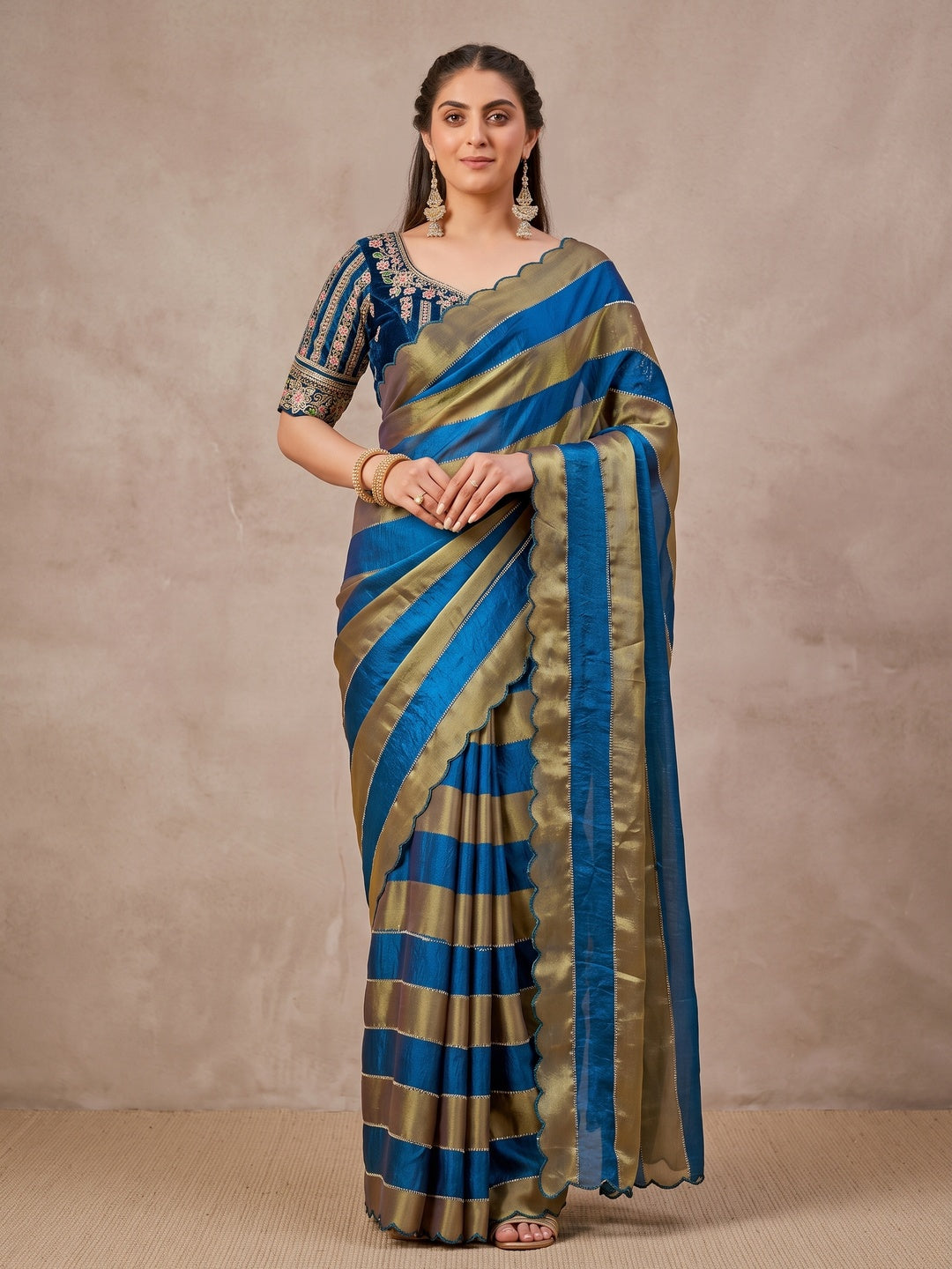 Peachmode Blue Striped Embellished Satin Saree - Image 3