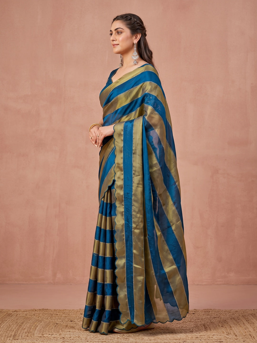 Peachmode Blue Striped Embellished Satin Saree - Image 4