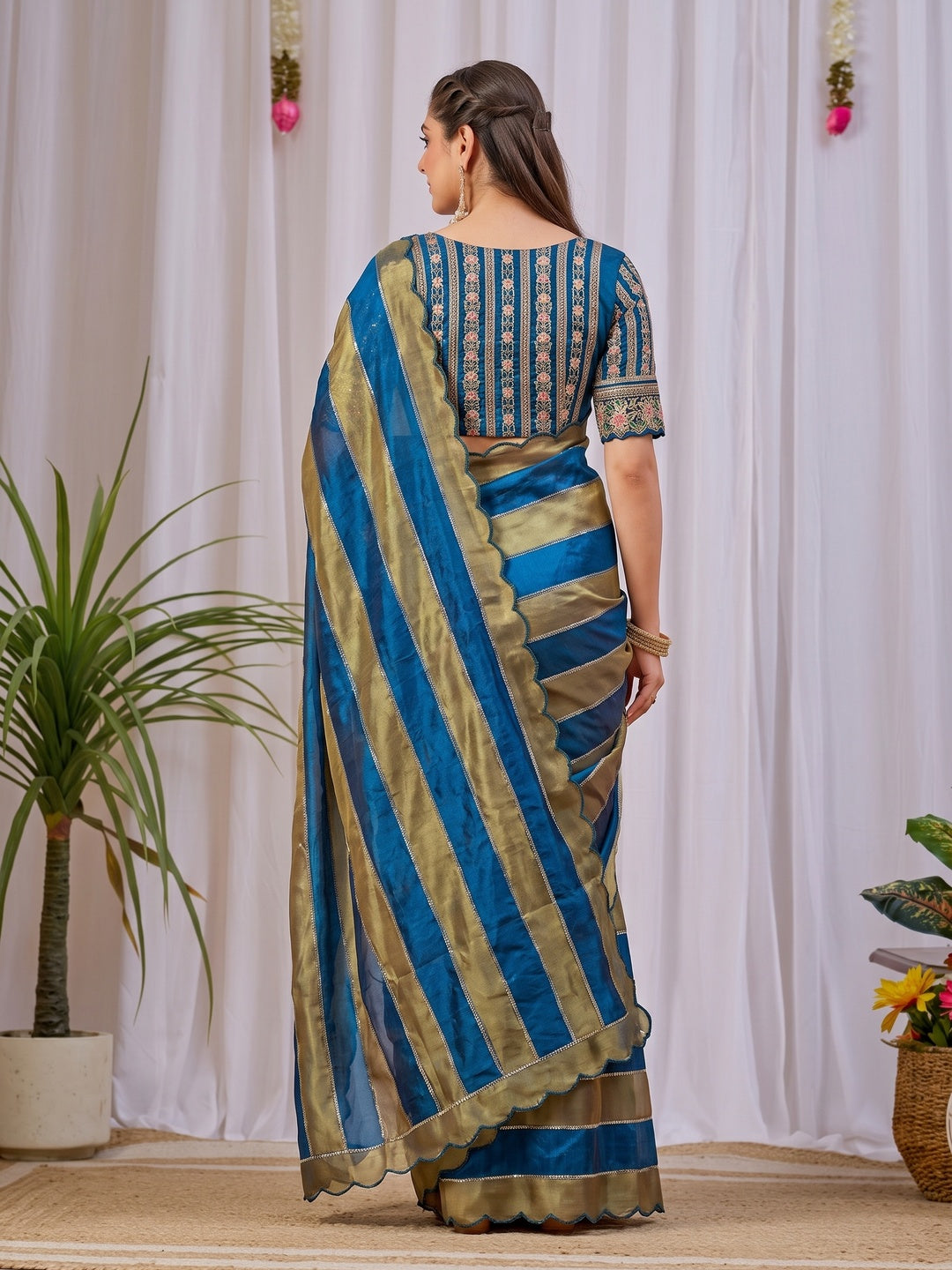 Peachmode Blue Striped Embellished Satin Saree - Image 5