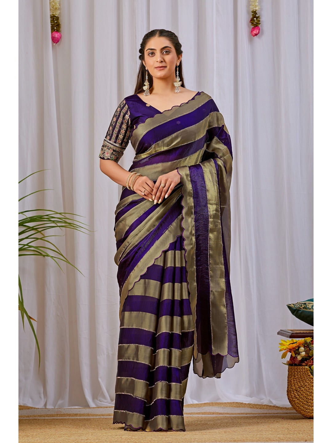 Peachmode Purple Striped Embellished Satin Saree - Image 1