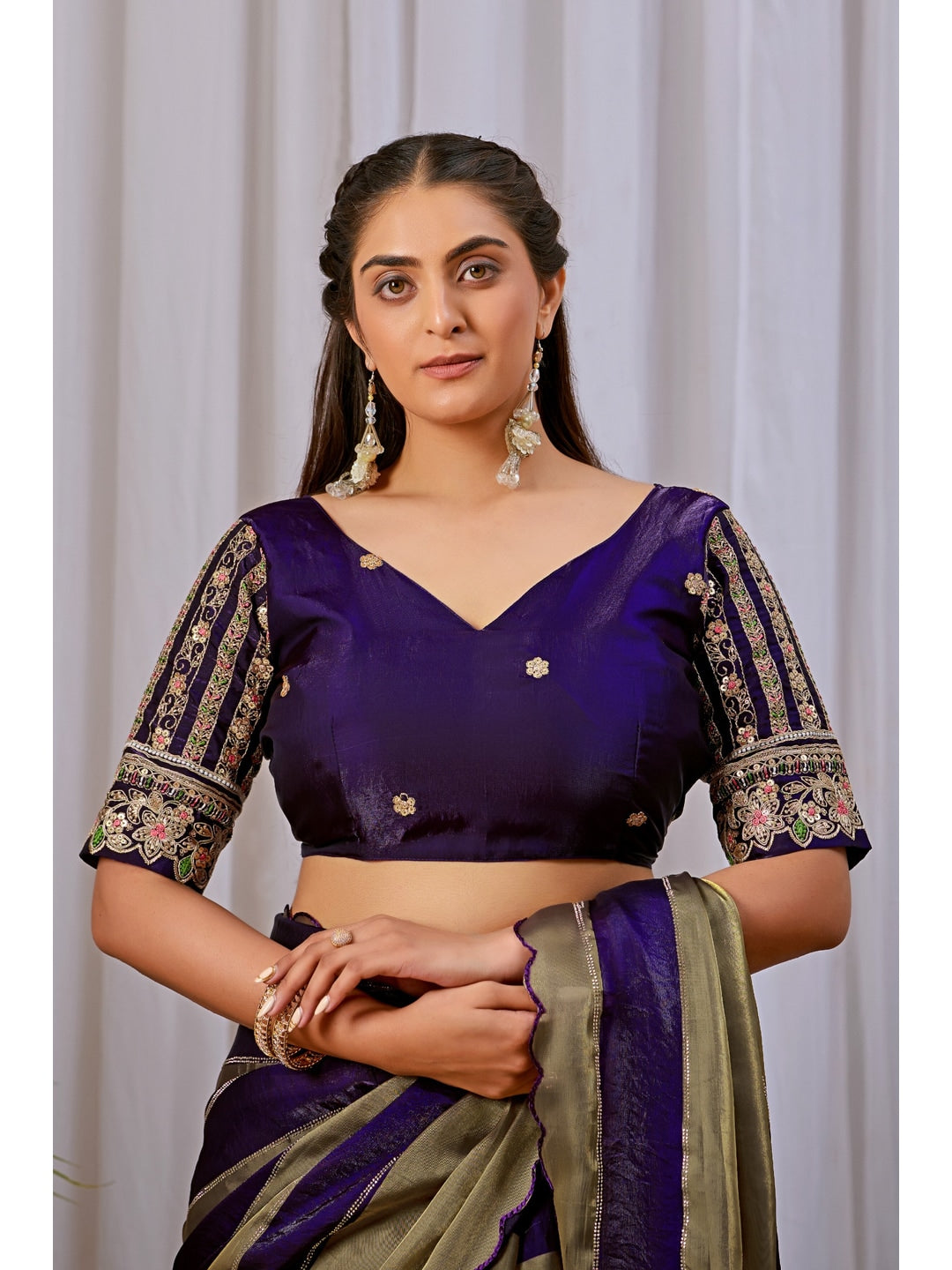 Peachmode Purple Striped Embellished Satin Saree - Image 3