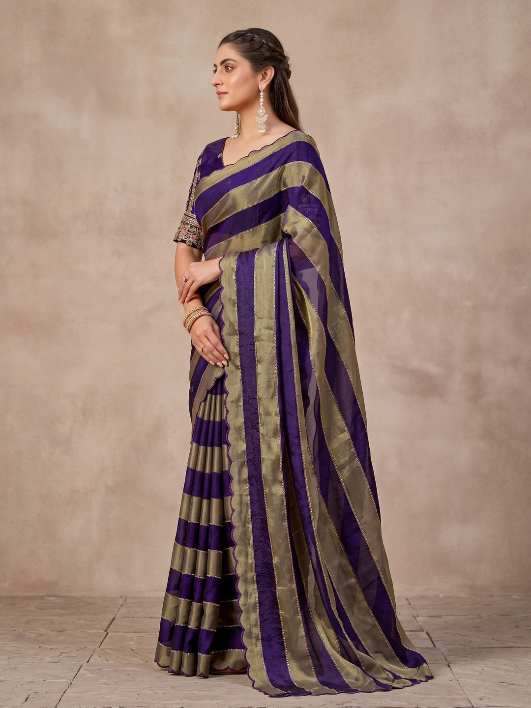 Peachmode Purple Striped Embellished Satin Saree - Image 4