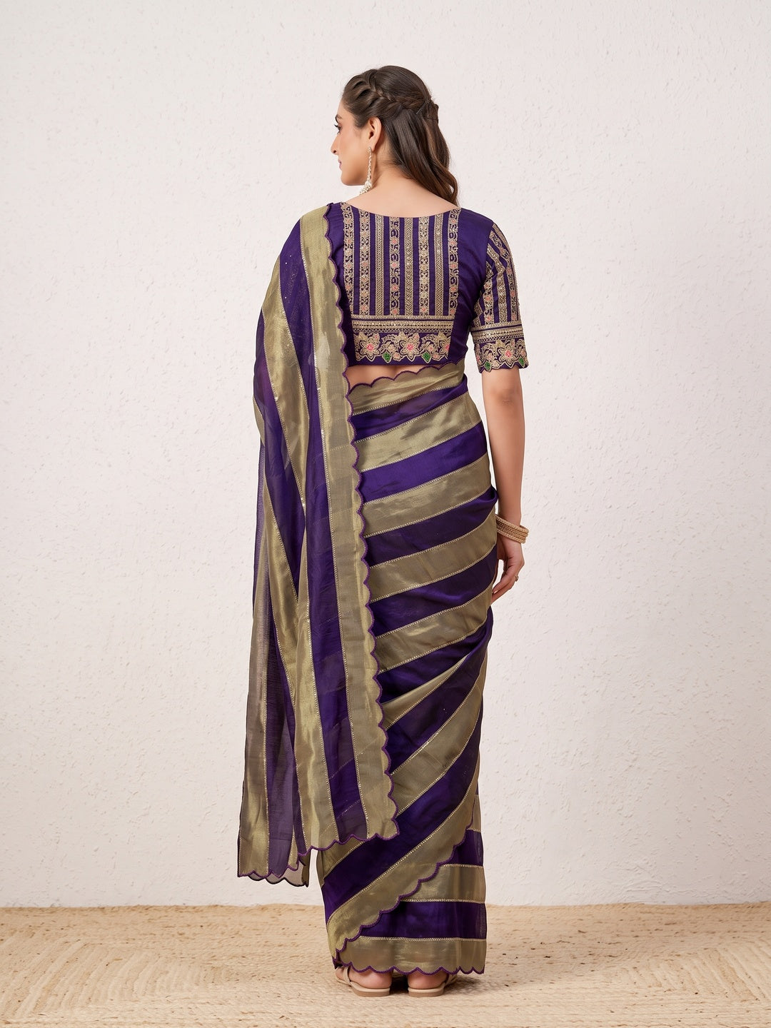 Peachmode Purple Striped Embellished Satin Saree - Image 5