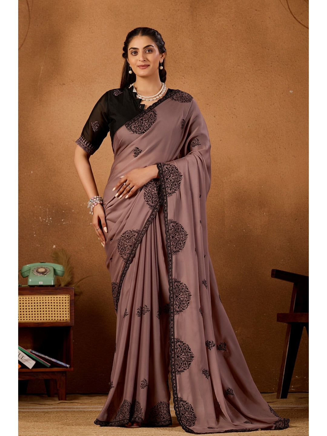 Peachmode Mauve Mandala Embroidered Rangoli Silk Saree - Image 1
