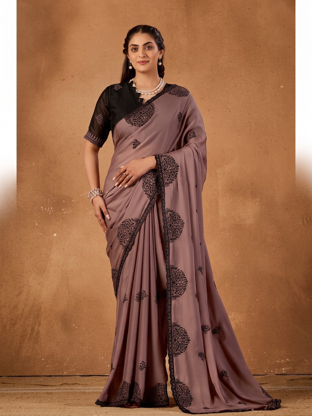 Peachmode Mauve Mandala Embroidered Rangoli Silk Saree - Image 3