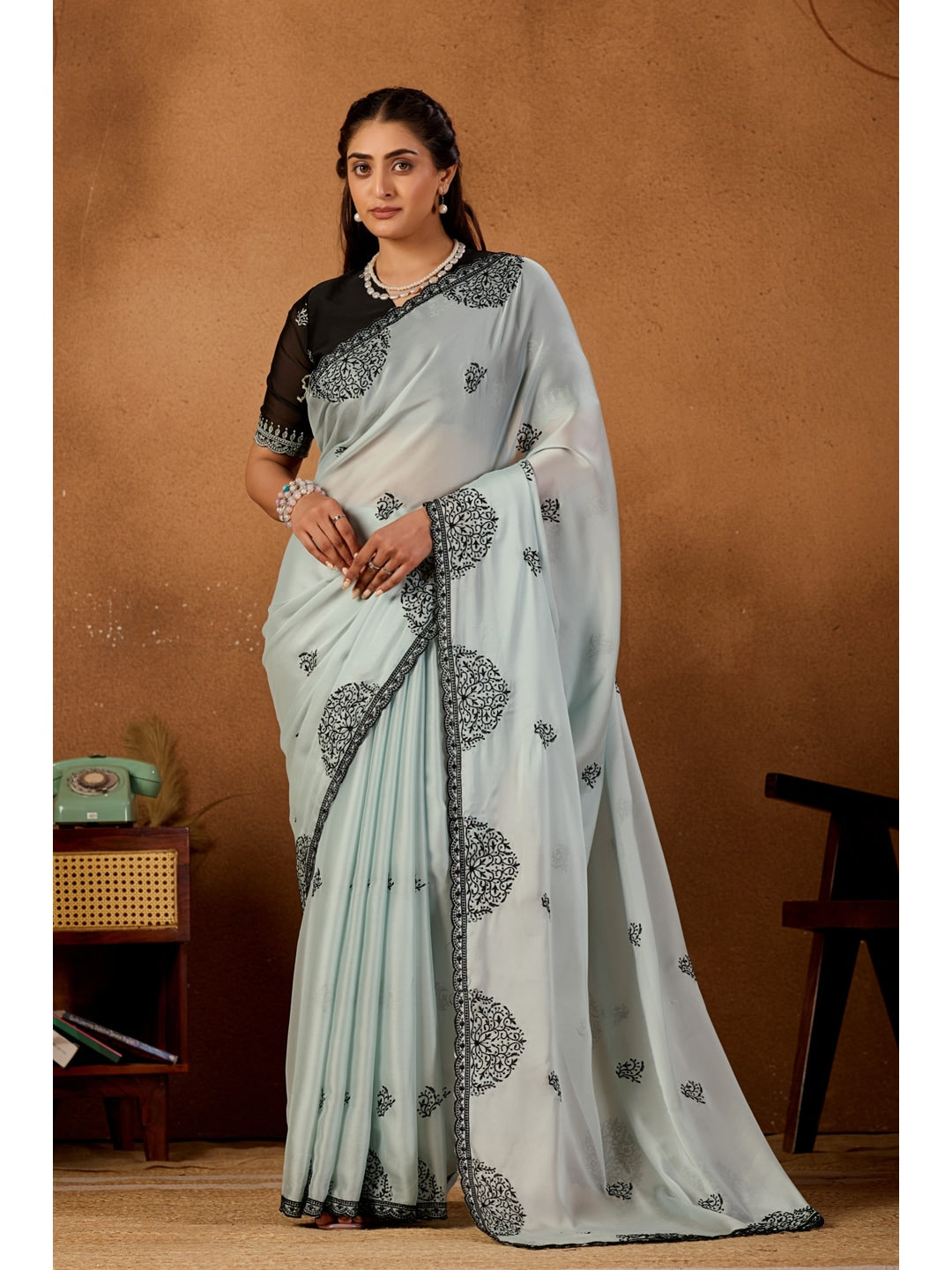 Peachmode Pista Green Mandala Embroidered Rangoli Silk Saree - Image 1