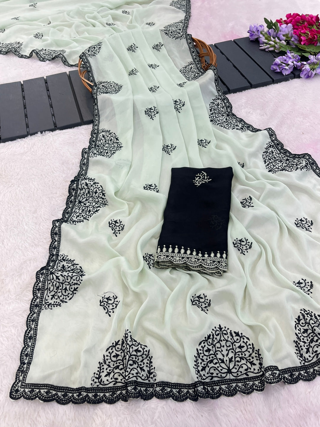 Peachmode Pista Green Mandala Embroidered Rangoli Silk Saree - Image 3