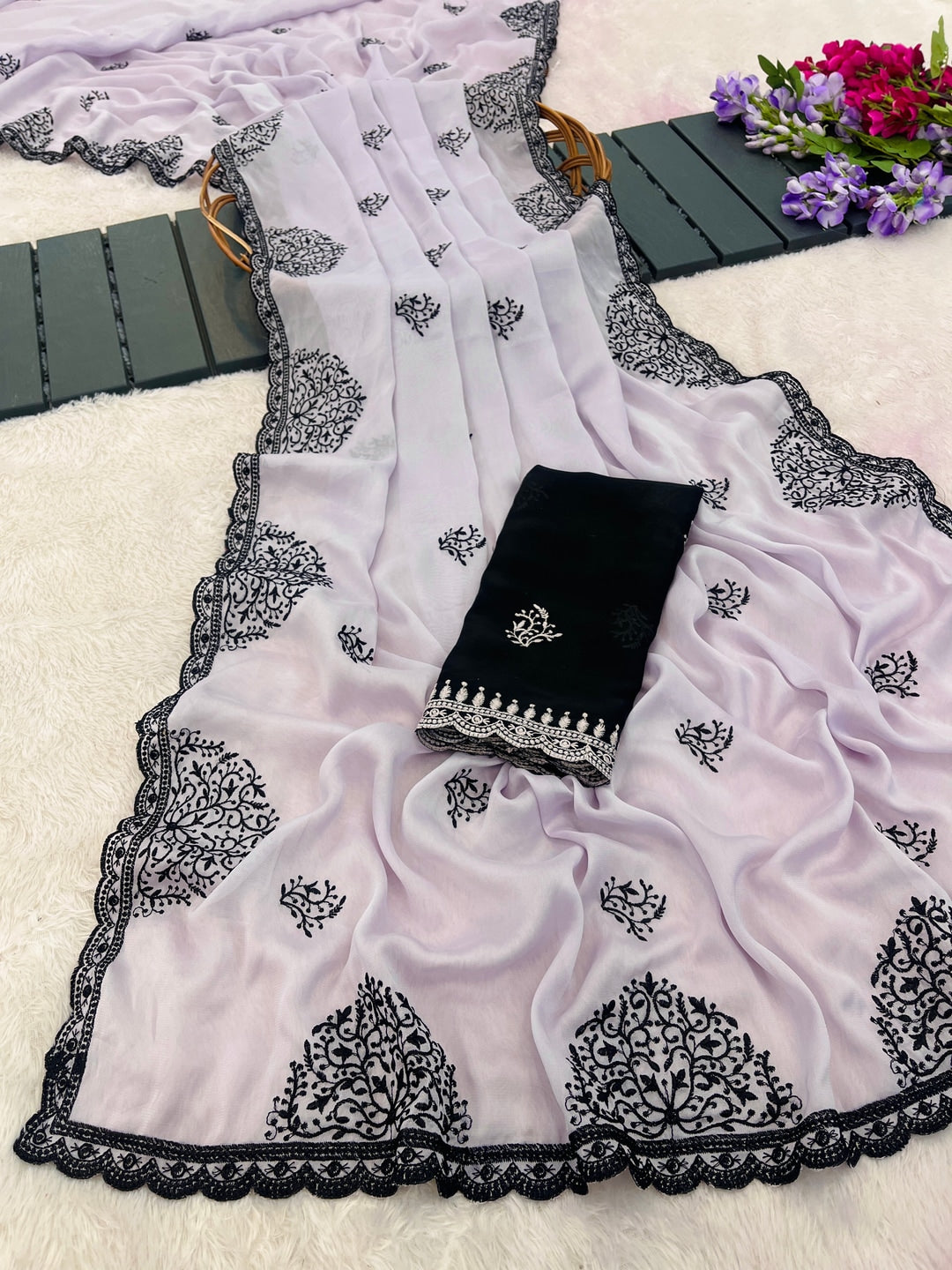 Peachmode Lavender Mandala Embroidered Rangoli Silk Saree - Image 3