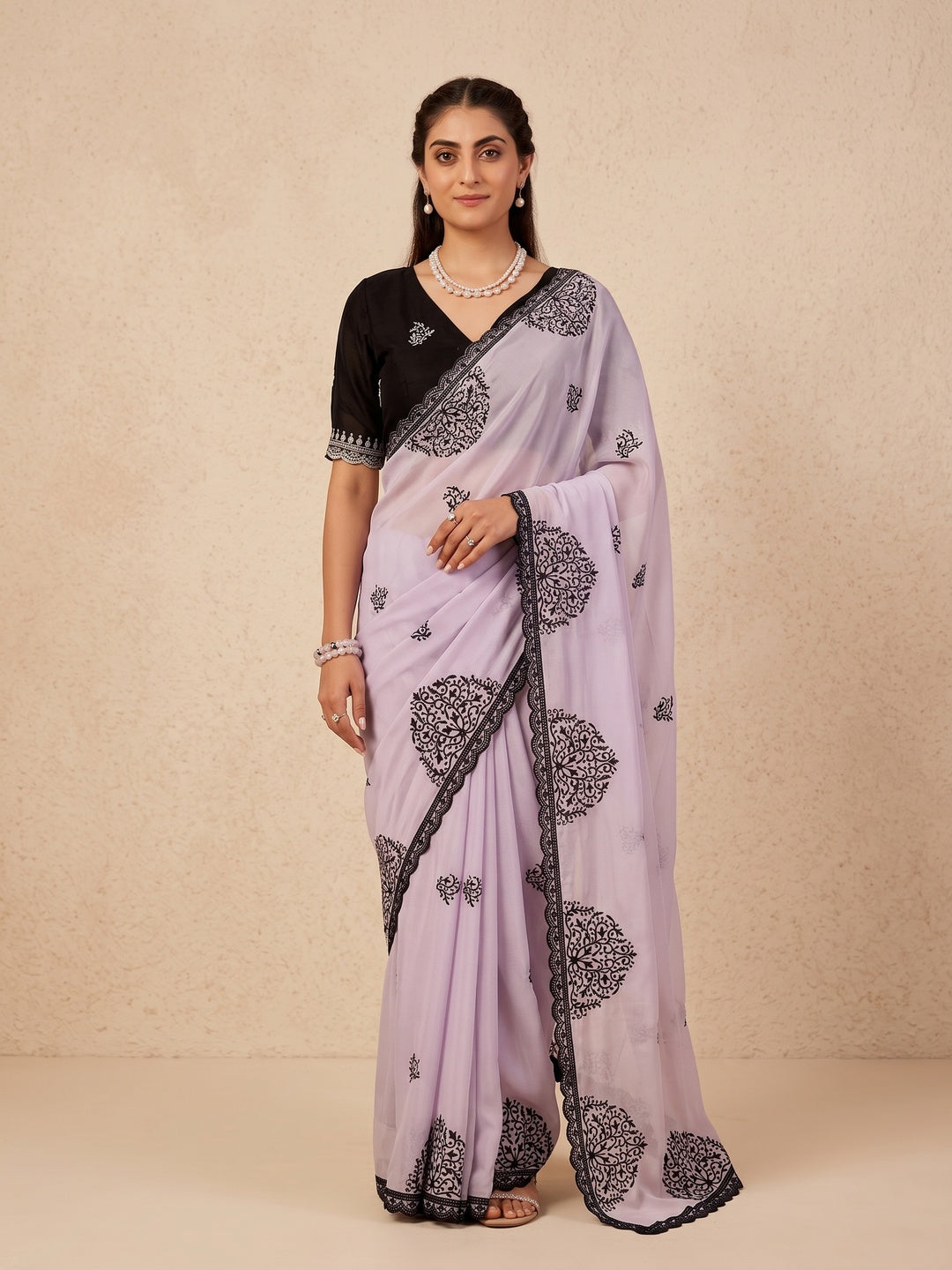 Peachmode Lavender Mandala Embroidered Rangoli Silk Saree - Image 1