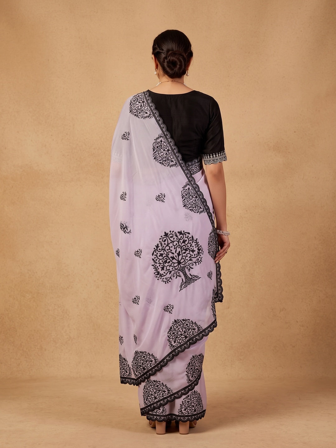 Peachmode Lavender Mandala Embroidered Rangoli Silk Saree - Image 5