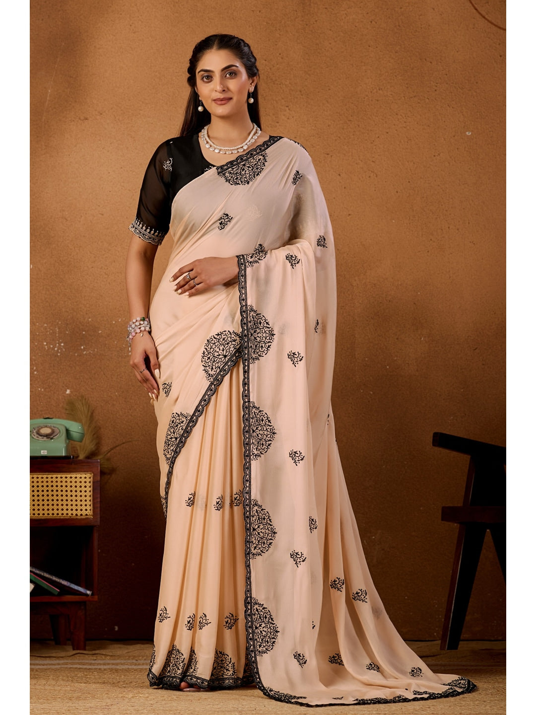 Peachmode Peach Mandala Embroidered Rangoli Silk Saree - Image 1