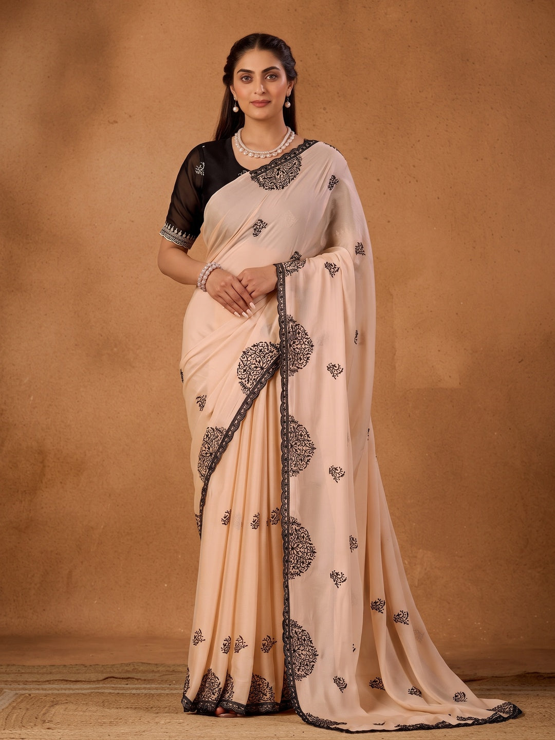 Peachmode Peach Mandala Embroidered Rangoli Silk Saree - Image 3