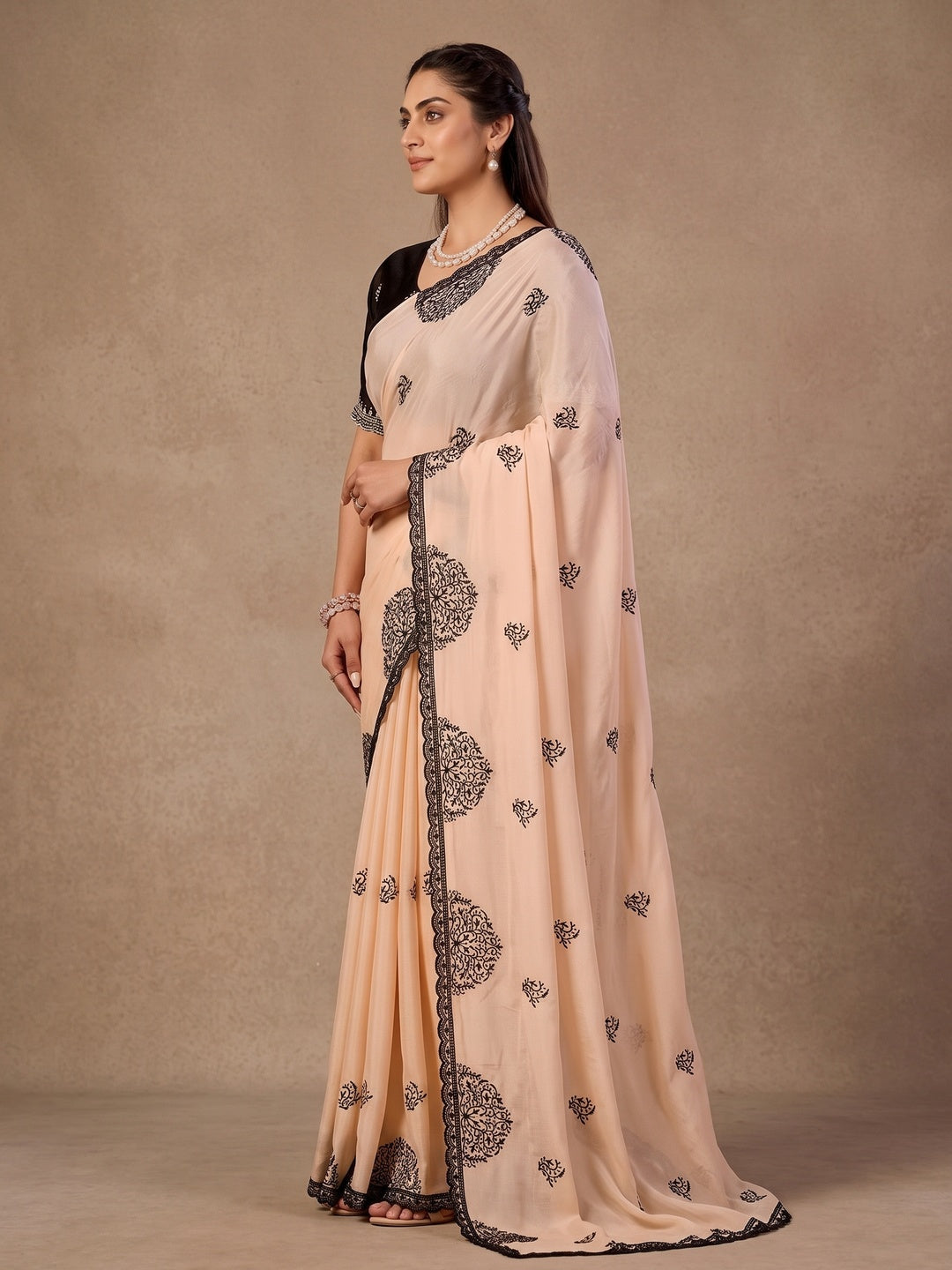 Peachmode Peach Mandala Embroidered Rangoli Silk Saree - Image 4