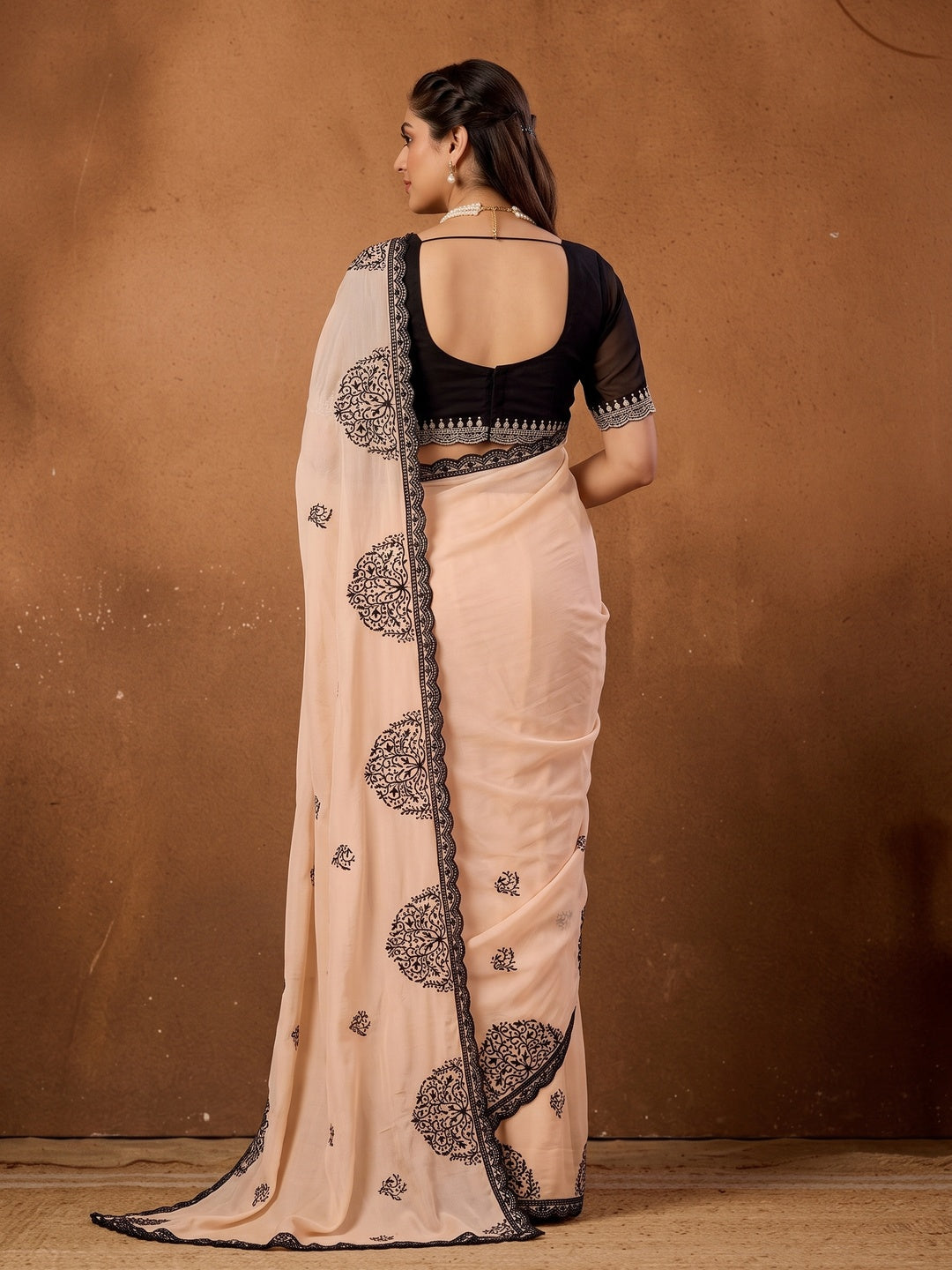Peachmode Peach Mandala Embroidered Rangoli Silk Saree - Image 5