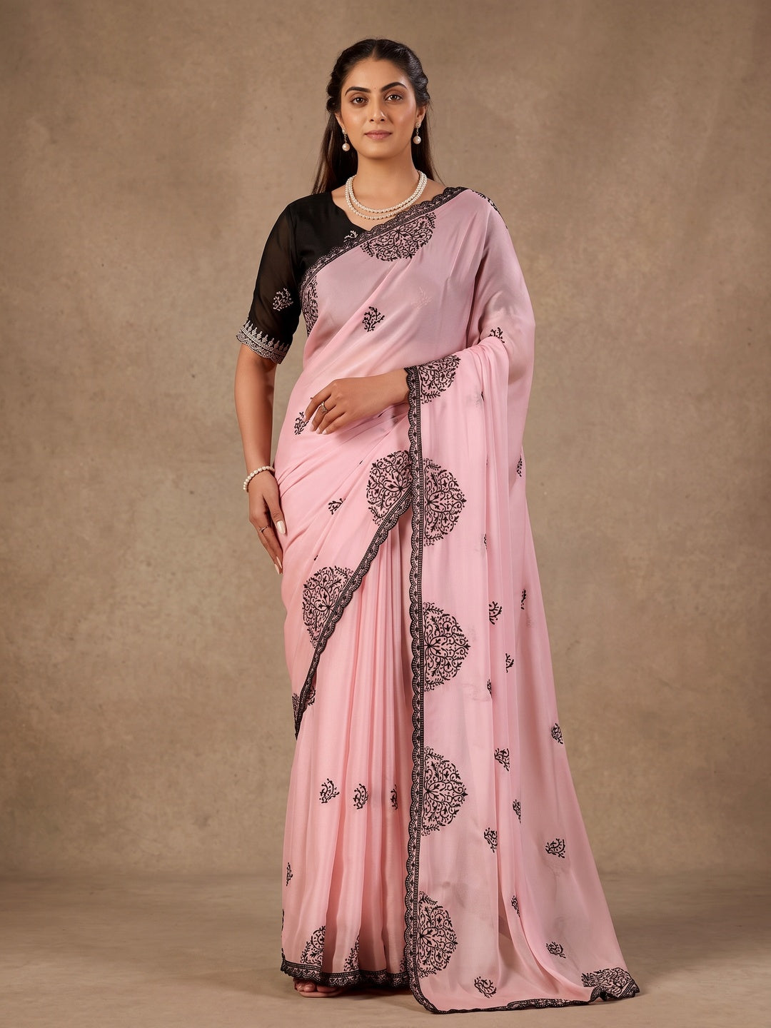 Peachmode Pink Mandala Embroidered Rangoli Silk Saree - Image 1