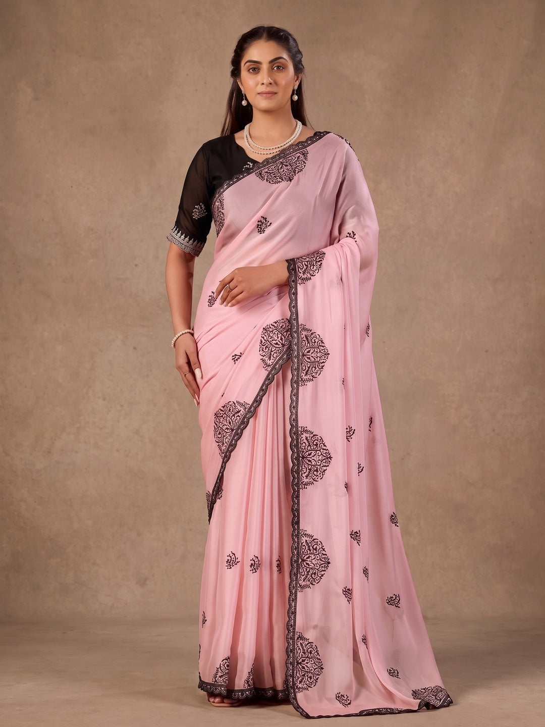 Peachmode Pink Mandala Embroidered Rangoli Silk Saree - Image 2