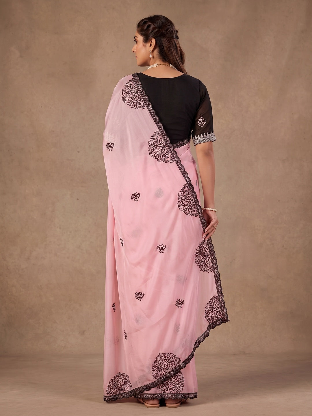 Peachmode Pink Mandala Embroidered Rangoli Silk Saree - Image 4