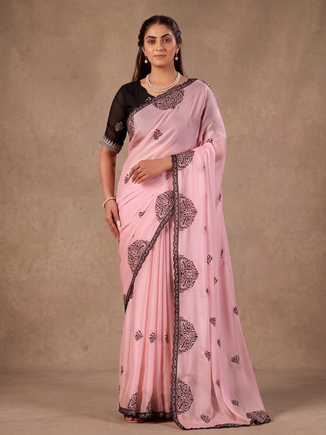 Peachmode Pink Mandala Embroidered Rangoli Silk Saree - Image 5
