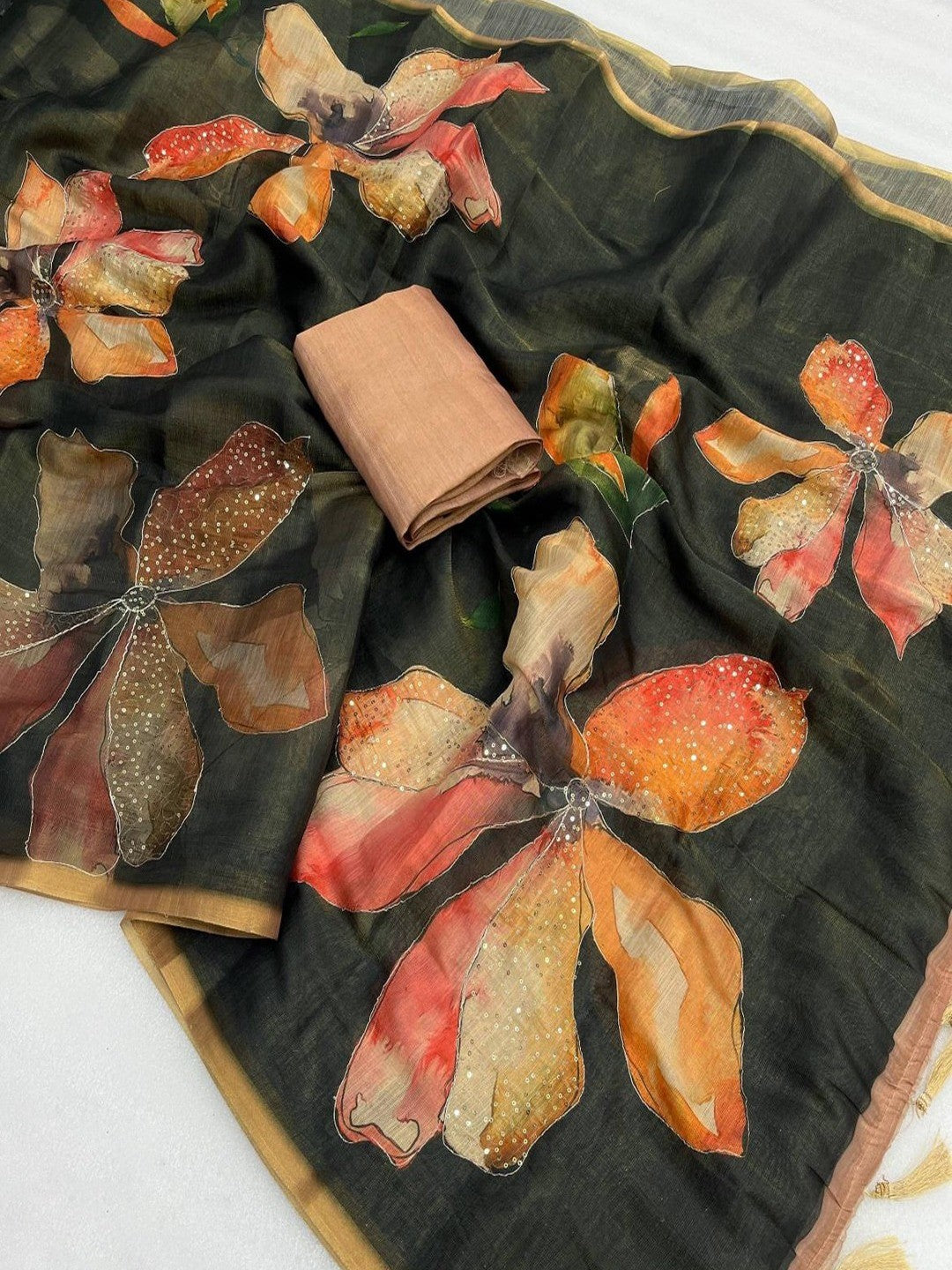 Peachmode Dusty Black Tissue Silk Floral Printed Saree with Sequins Work - Image 2