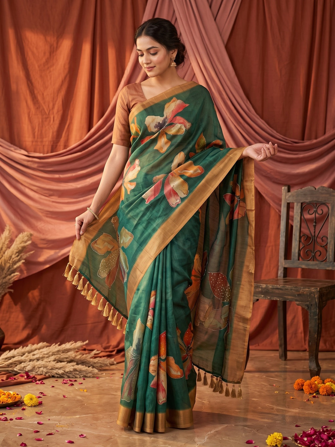 Peachmode Rama Green Tissue Silk Floral Printed Saree with Sequins Work - Image 1