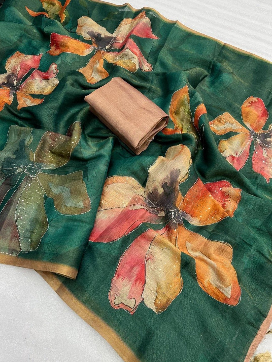 Peachmode Rama Green Tissue Silk Floral Printed Saree with Sequins Work - Image 2