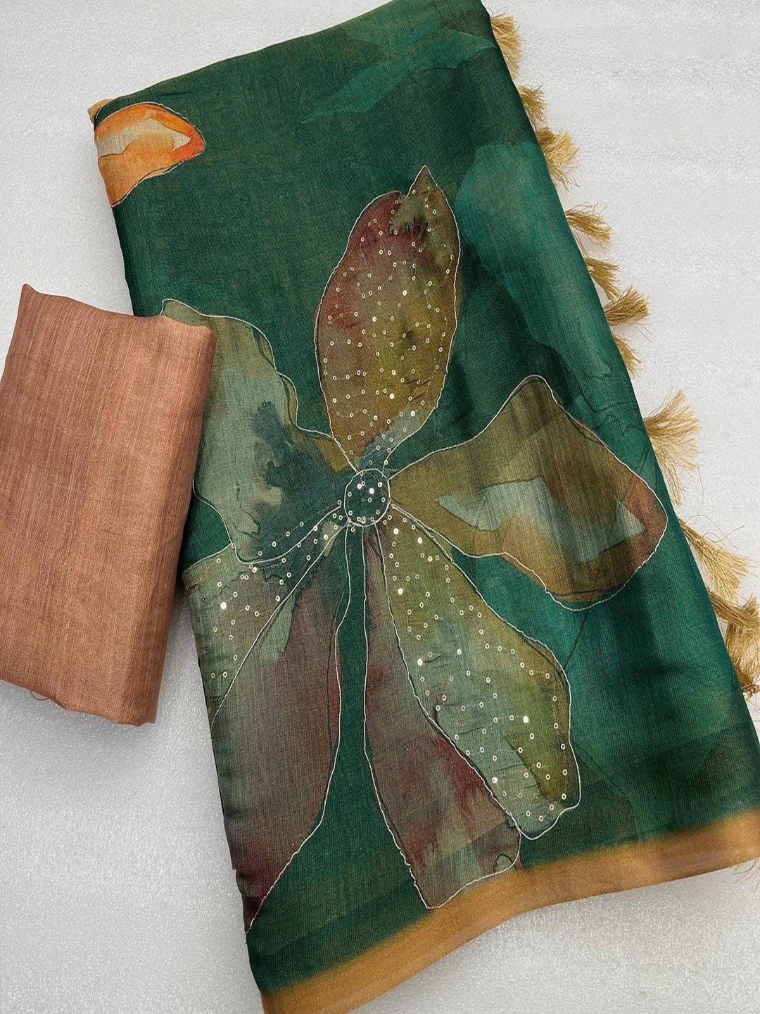 Peachmode Rama Green Tissue Silk Floral Printed Saree with Sequins Work - Image 3