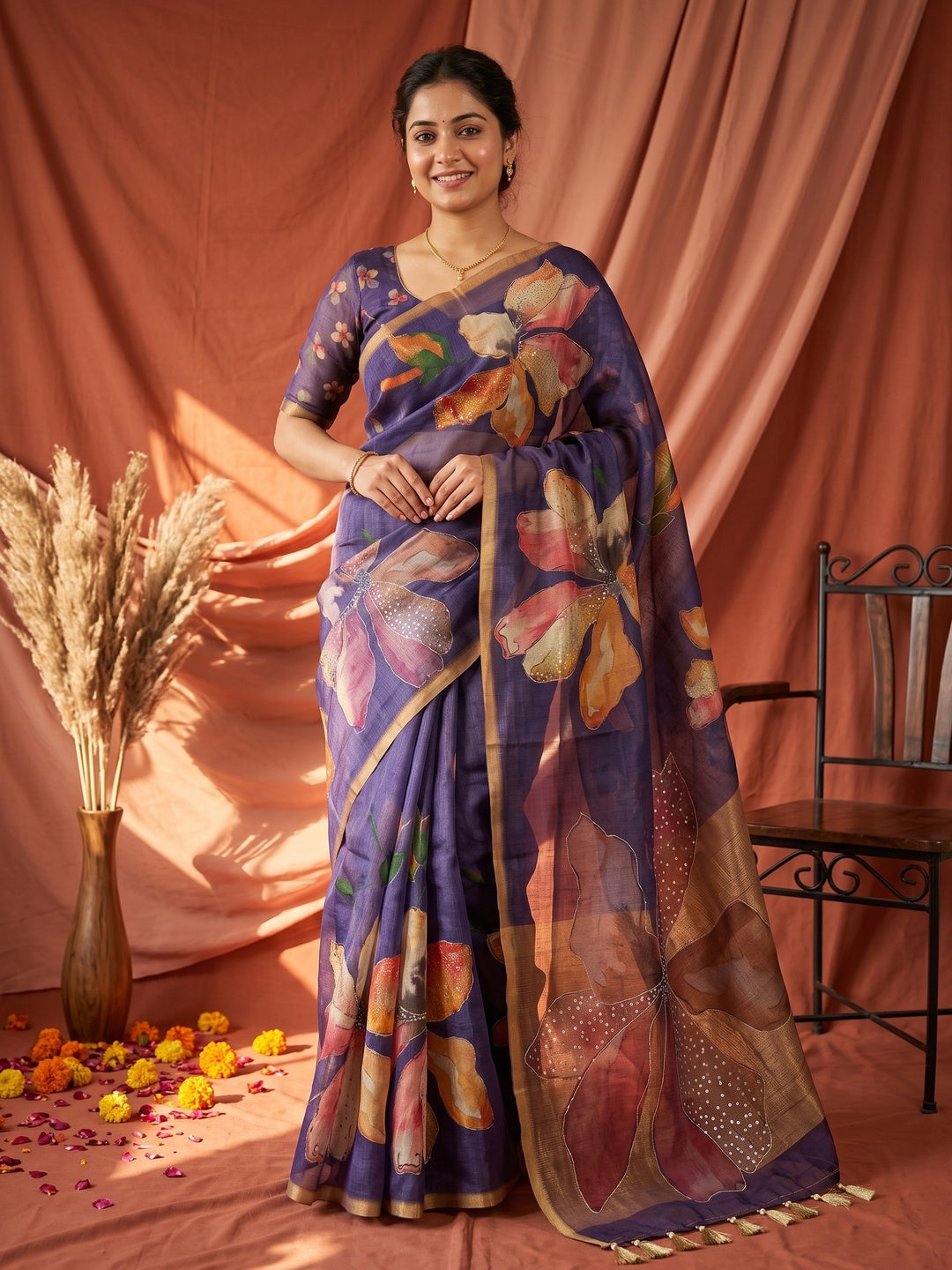 Peachmode Purple Tissue Silk Floral Printed Saree with Sequins Work - Image 1