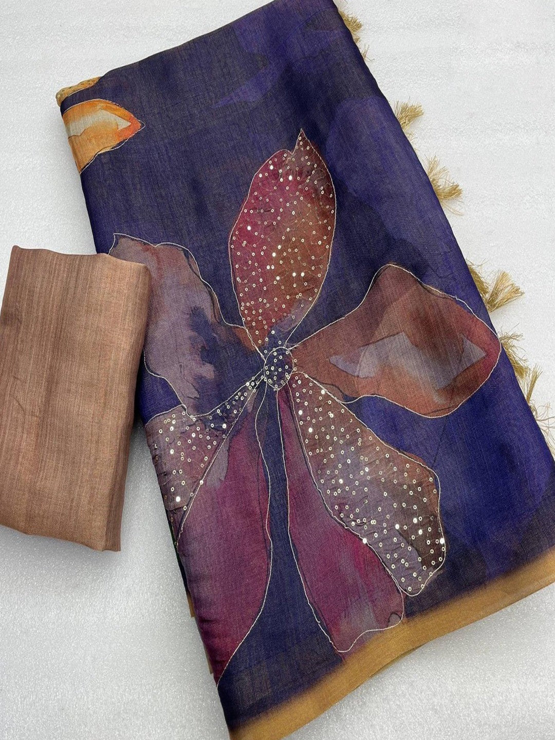 Peachmode Purple Tissue Silk Floral Printed Saree with Sequins Work - Image 3