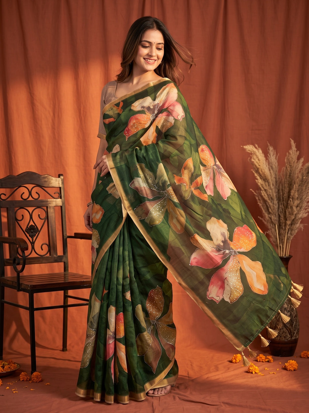 Peachmode Green Tissue Silk Floral Printed Saree with Sequins Work - Image 1